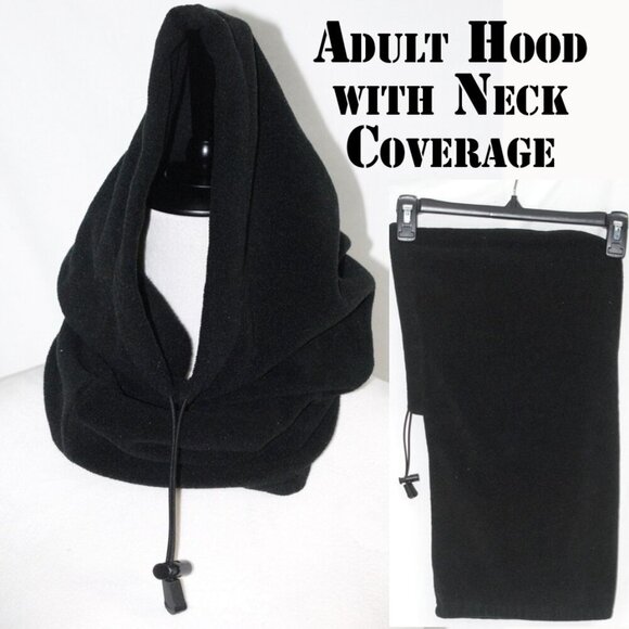 LNC Fleece Black Hood with Neck Coverage Built in Scarf Drawstring Hoodie Skiing - Picture 1 of 4